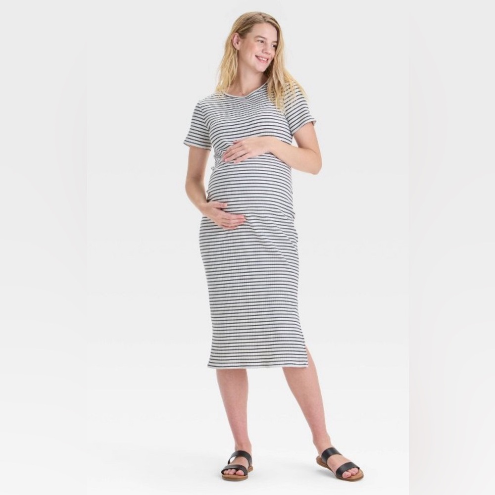 Isabel Maternity Short Sleeve Rib-Knit Midi Maternity Dress Black/White Striped